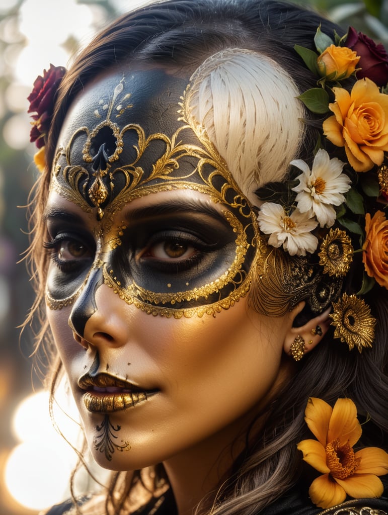 "Beautiful female, dia de los muertos, wearing black with golden accents, face art, make-up skull, day of the dead, flowers background , intricate details, cinematic lighting, photo realistic, close-up portrait, DarkArt, dark background, 8k, designed by HR Giger”