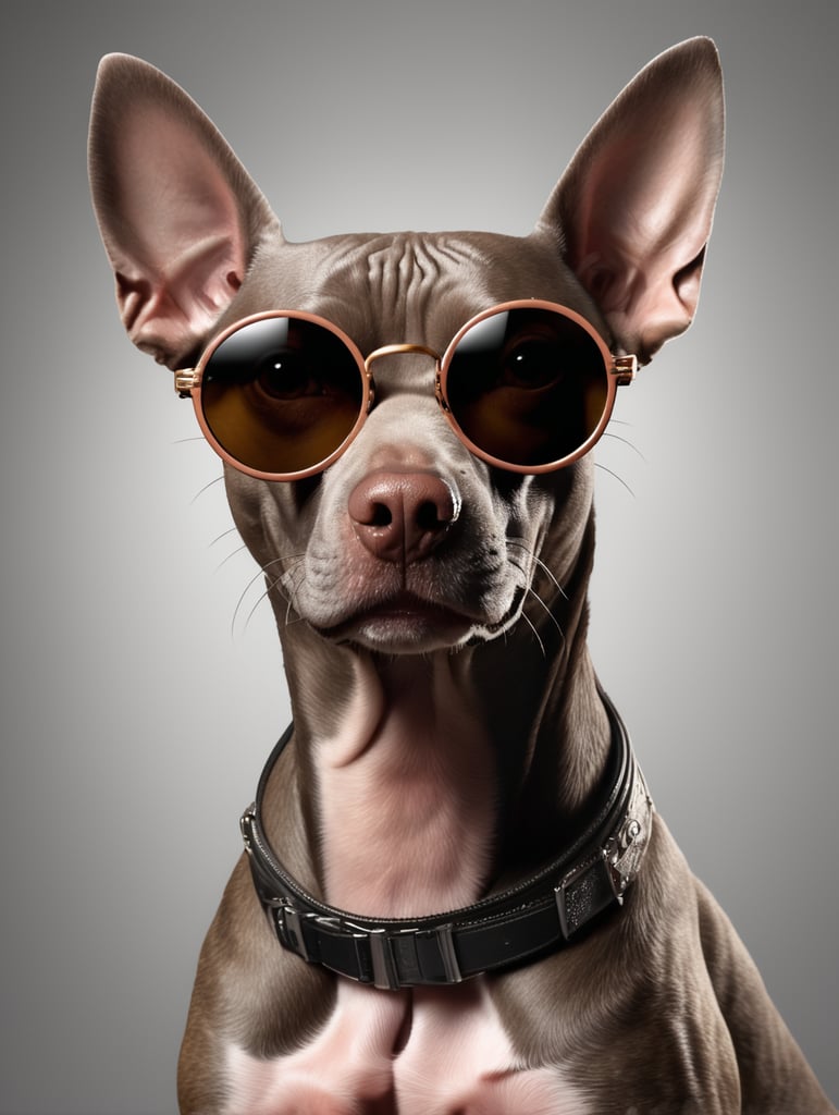 Portrait of a hairless dog wearing round sunglasses with thick thick frames, gray-brown skin, a few hairs on the head, professional photo, plain background, contrasting light, bright colors, detailed clear photo