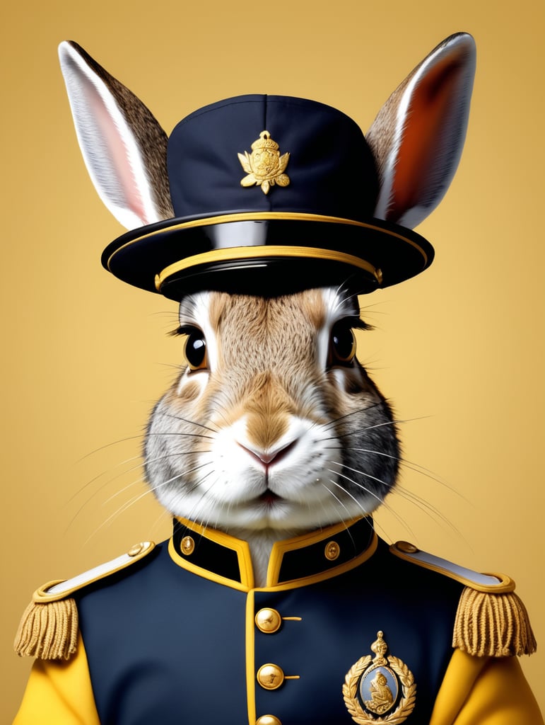 Portrait of a rabbit in a hat and uniform, made in a realistic style on a uniform yellow background