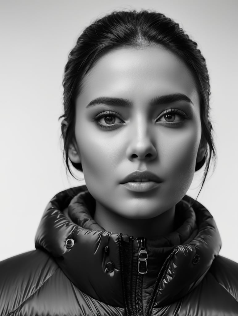 A black and white portrait of a women designer wearing a glossy down jacket looking on camera