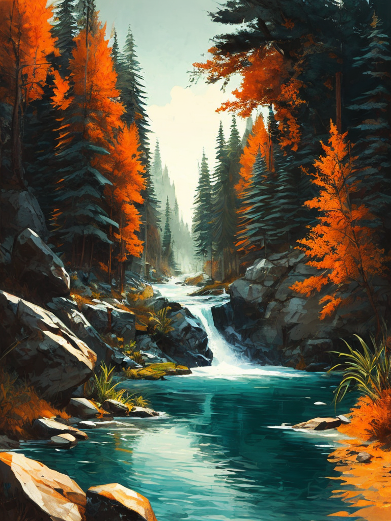 Rushing rapids in a crystal clear river, surrounded by towering trees and lush vegetation, energetic, serene, high detail, river landscape