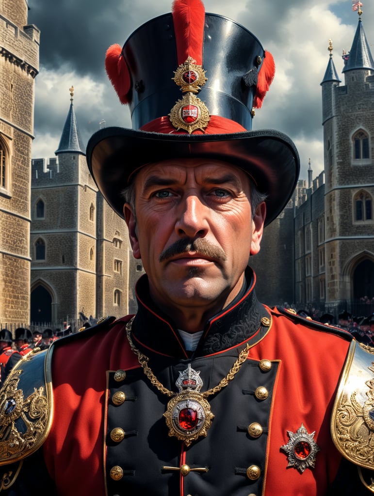 Portrait of a Beefeater man, ceremonial guard of the Tower of London.