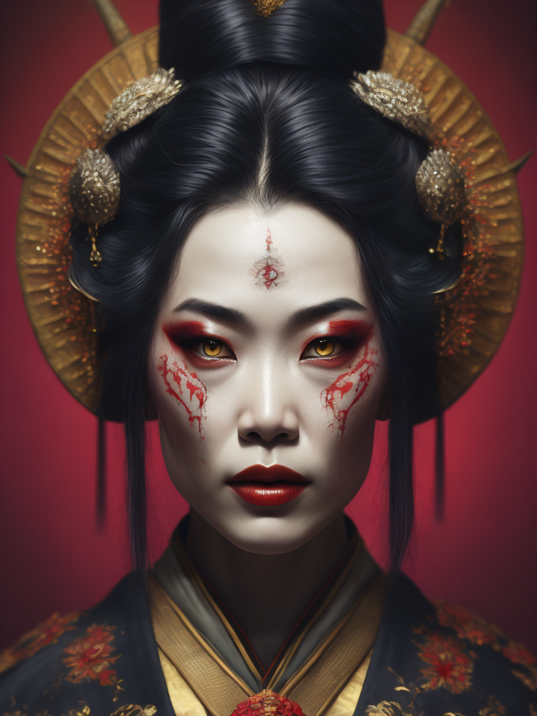 Portrait art of undead geisha, detailed, intricate, full of colour, cinematic lighting, 4k, focused, extreme details, cinematic, masterpiece