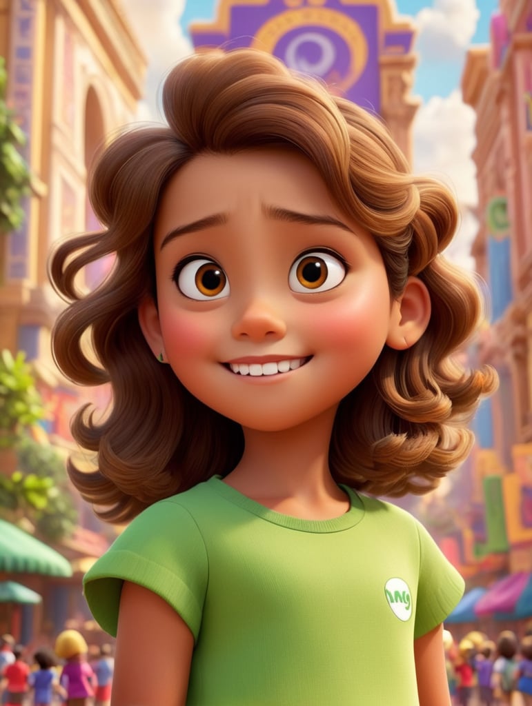 A Disney Pixar-inspired movie poster with title "Lulu Ribas", the scene should be in the distinct digital art style of Pixar in Manaus city, in front of the Amazon opera theater, with a focus on character expressions, Girl, 12 years old, light Brown Curly hair, vibrant colors, and detailed textures that are characteristc of their animations, with the title "Lulu Ribas"