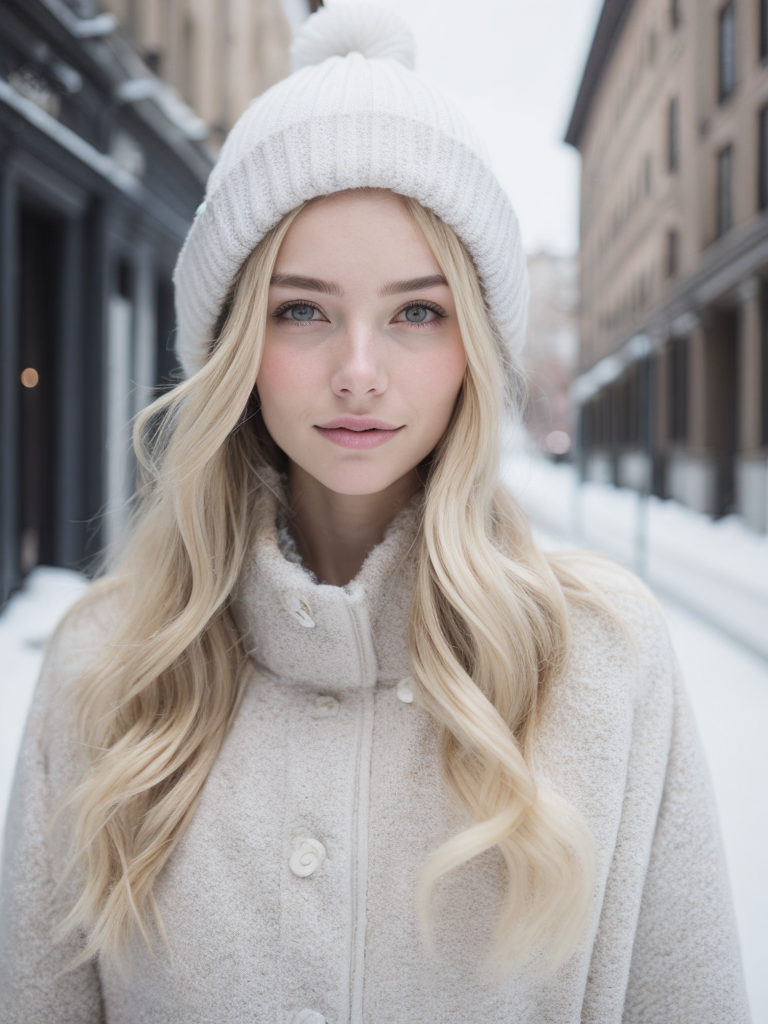 professional portrait photograph of a gorgeous Norwegian girl in winter clothing with long wavy blonde hair, sultry flirty look, freckles, gorgeous symmetrical face, cute natural makeup, wearing elegant warm winter fashion clothing, standing outside in snowy city street