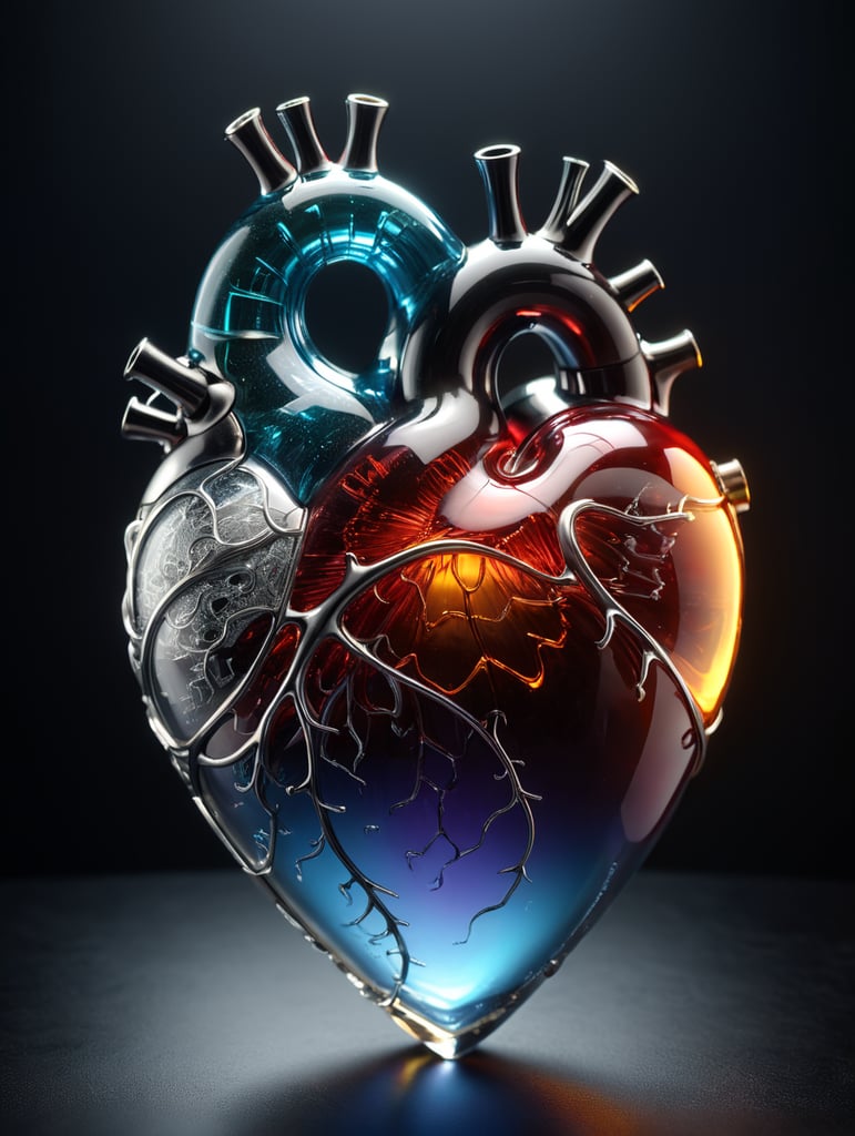 3D glass heart in simplified form with a plastic pulse shape inside it, depth of field, cinematic filtering, post-processing, ambient lighting