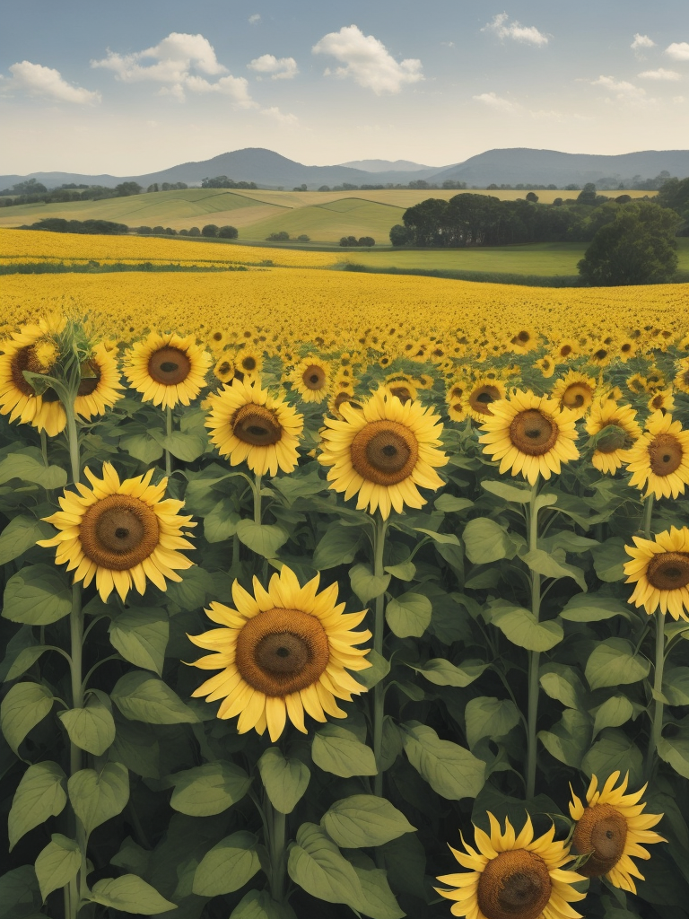 beautiful country scene with rolling hills and rows of corn, sunflowers and wheat please done in folk art style