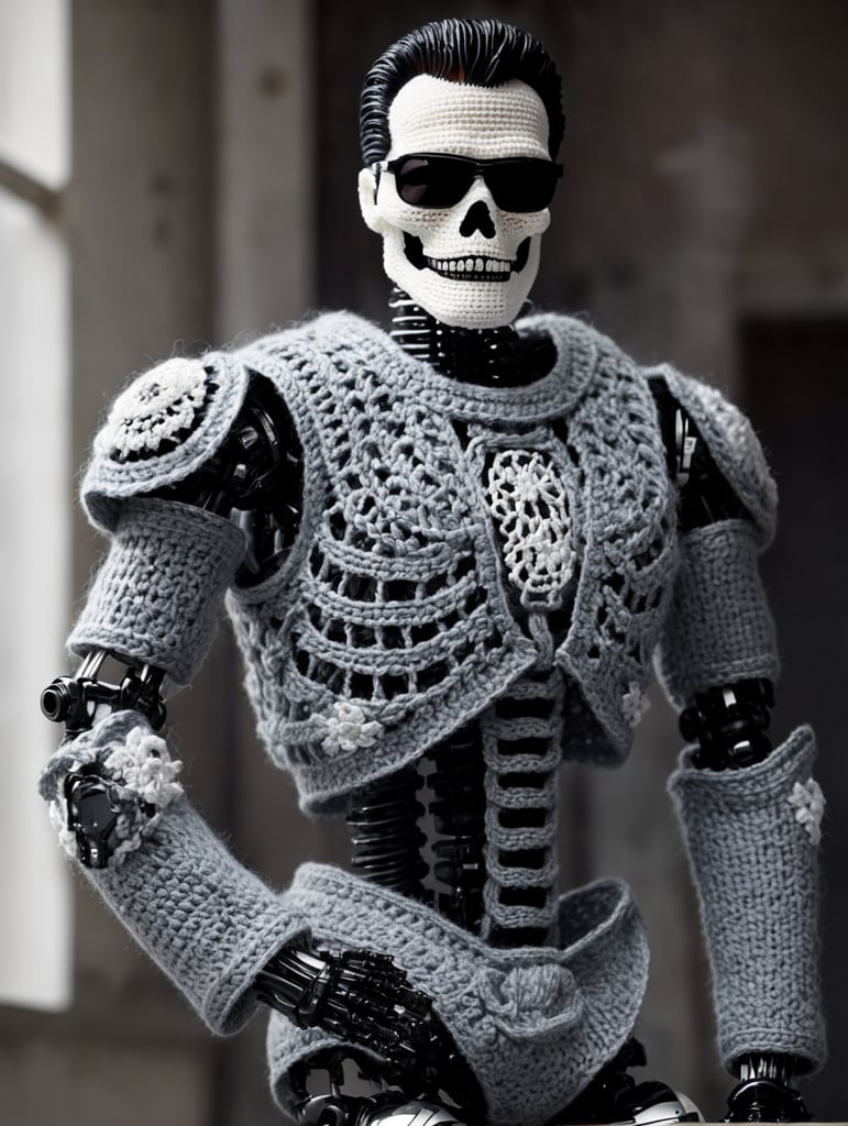 a metal skeleton of a terminator t-800 wearing very hirsute crocheted sweaters for sheeple, portrait