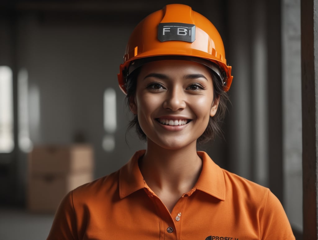 happy worker using construction helmet, orange polo tshirt color #FDB813, with a box on her hands smiling, brown eyes, white background