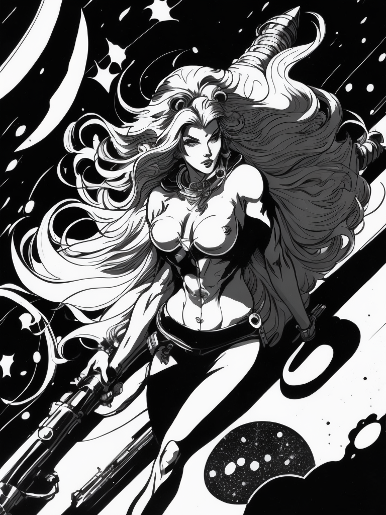 Miss Fortune pin-up in the style of ed emshwiller, curvaceous body, sitting on a rocket in the style of ed emshwiller, beautiful face, sparkling eyes, flowing long hair, scene, digital art, centered, sunlight, godrays, vignette, shaders, intricate, highly detailed, bloom, sharp focus, depth of field,