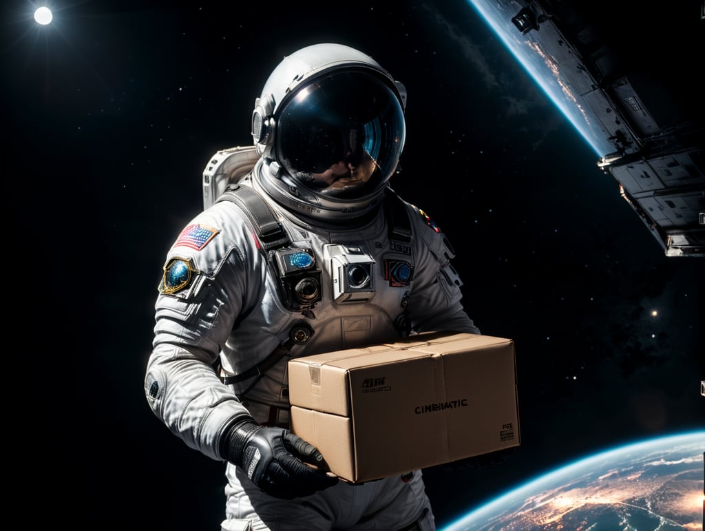 An astronaut holding a box in the space and hiding the box . Floating in dark space with just small stars, pitch black. white astronaut suit.