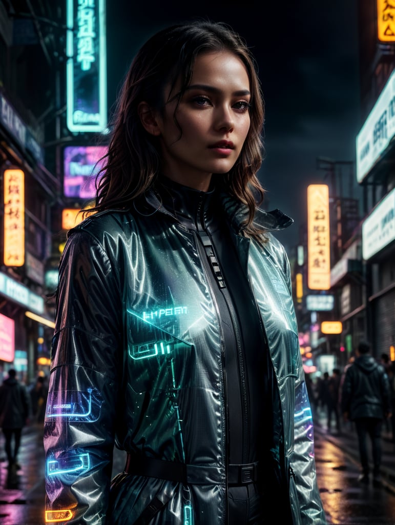 A women wearing translucent coat, standing on a street, neon cyber city, dark night, neon signs