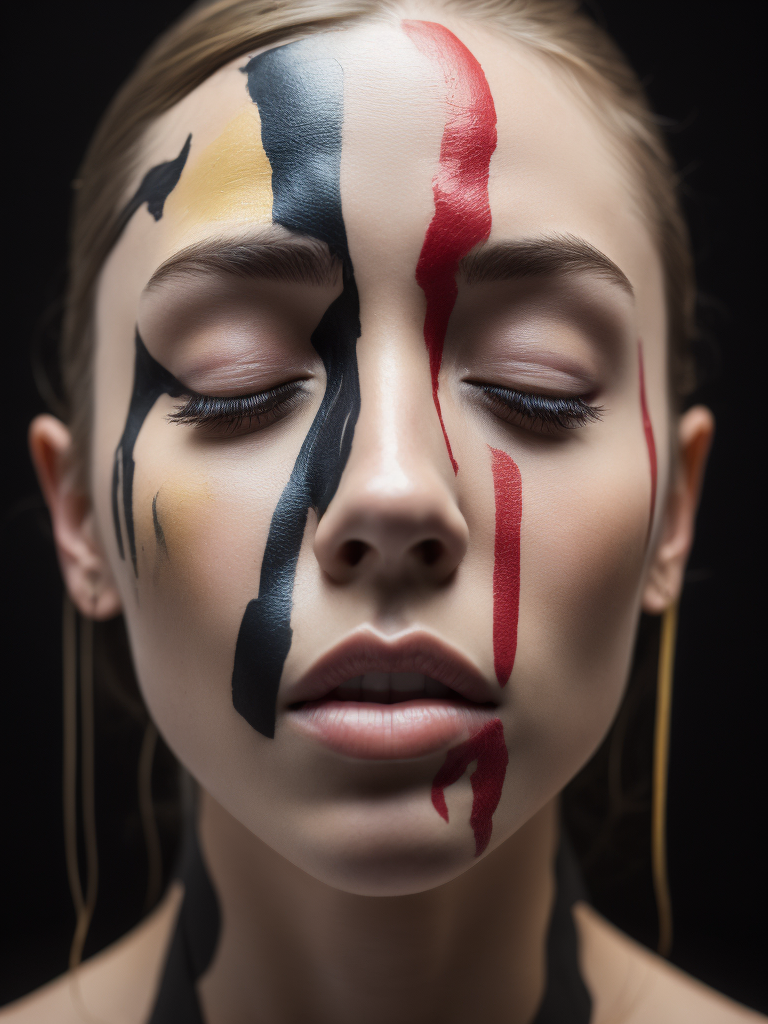 Portrait of a girl with a painted face and paint flowing from her face, closed eyes, black background