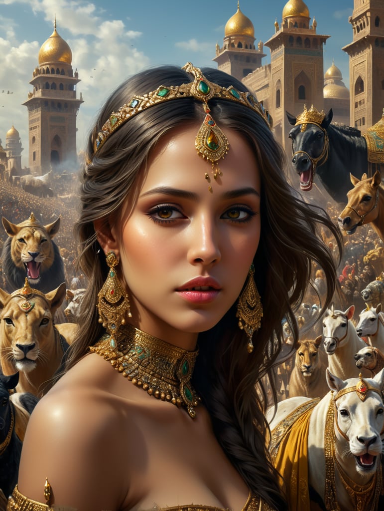 Una princesa con la cara de la imagen en un país árabe junto a un séquito de animales y mucho oro