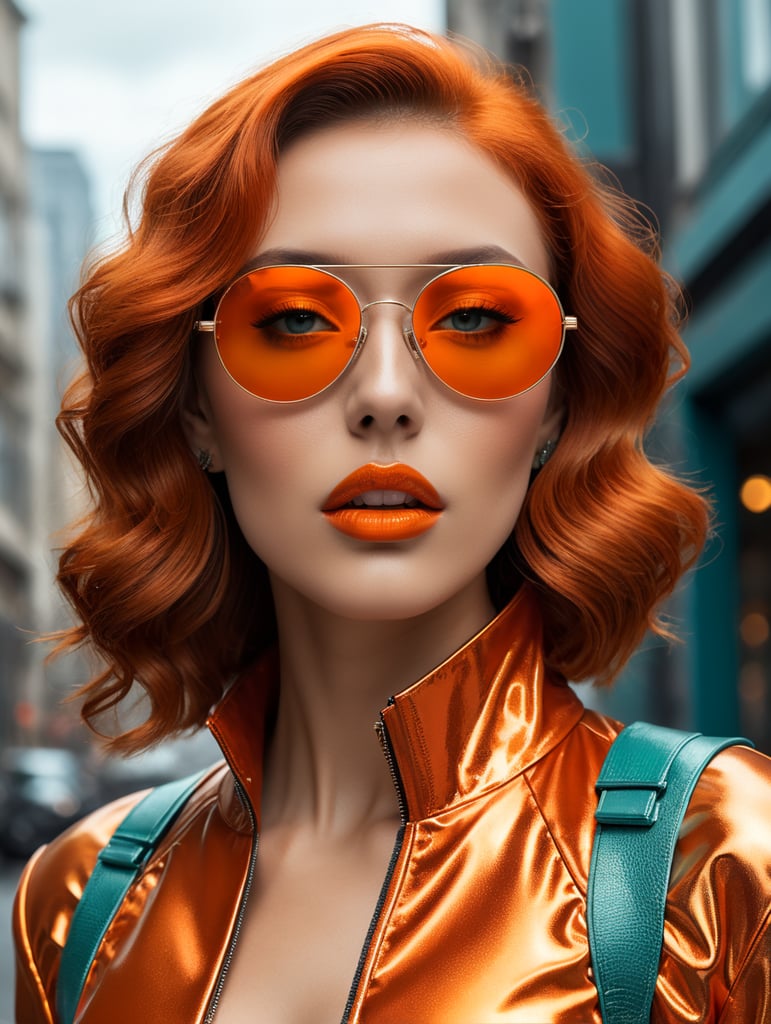 Envision a world where the blend of vintage glamour and ultramodern aesthetics coexist. Dive deep into a color palette dominated by electric teal and fiery orange, where the hues don't just complement, but amplify each other. The subject is a figure of undeniable style and sophistication, reminiscent of a retro diva, but adorned with the trappings of a futuristic realm. Key elements: Hair: Voluminous, curly, and dyed a radiant shade of neon orange that seems to emit its own light. It should stand in stark contrast to the rest of the surroundings. Eyewear: Oversized sunglasses with a reflective teal lens, edged with a metallic frame. The design is sleek, bold, and evokes the sense of advanced technology. Attire: A glossy, skin-tight jacket in a shade of muted gold or mustard. This garment should exhibit a blend of past and future fashion, a statement of class, and cutting-edge design. Makeup: Ethereal, with metallic lips that match the jacket and teal eyeshadow to mirror the sunglasses. The skin should have