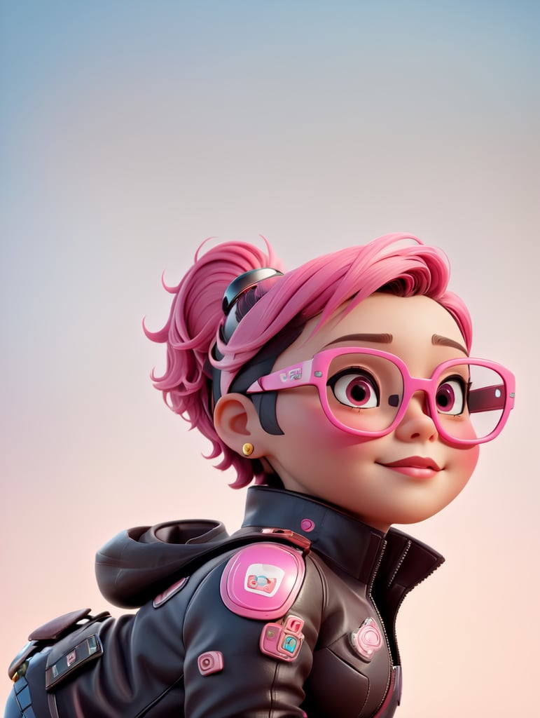 cyborg android, dressed in pink glasses and a leather jacket
