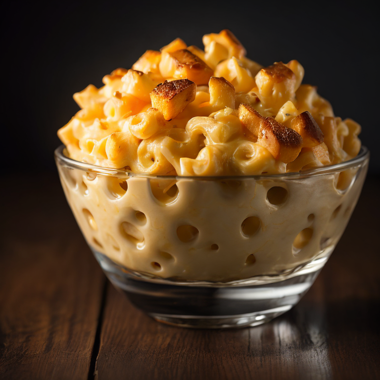 hot mac n cheese in a glass bowl on wooden table, dark background, high in detail, dramatic light