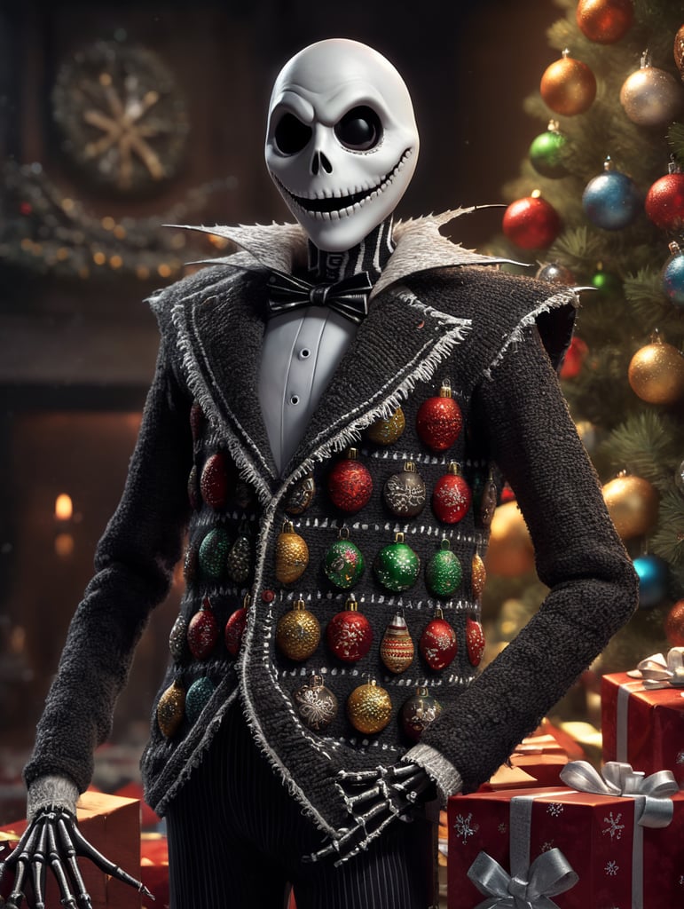 Jack Skellington standing wearing an ugly Christmas sweater