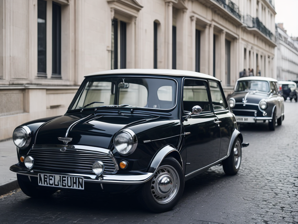 A black austin mini from 1970, with a lot of details, on paris