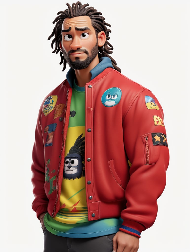 a man with dreadlocks on his head is wearing a colored jersey and a red bomber jacket