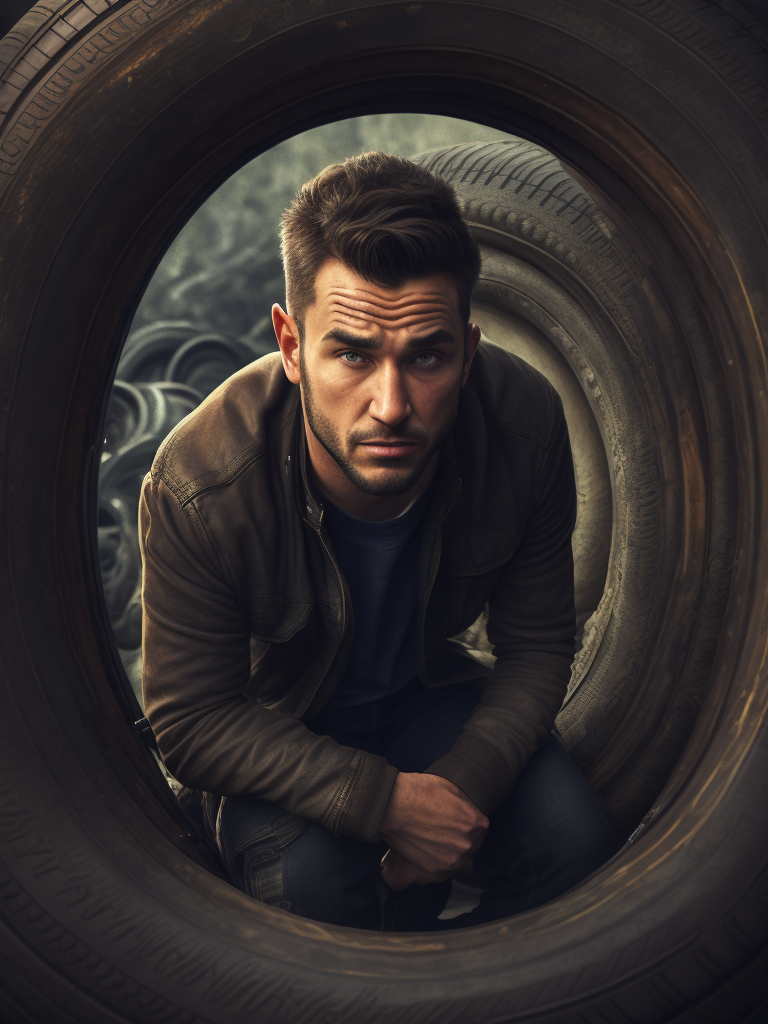 a man is surrounded by tire and tires in a pile of them, looking up at the camera man is surprised, a stock photo, concept, only face