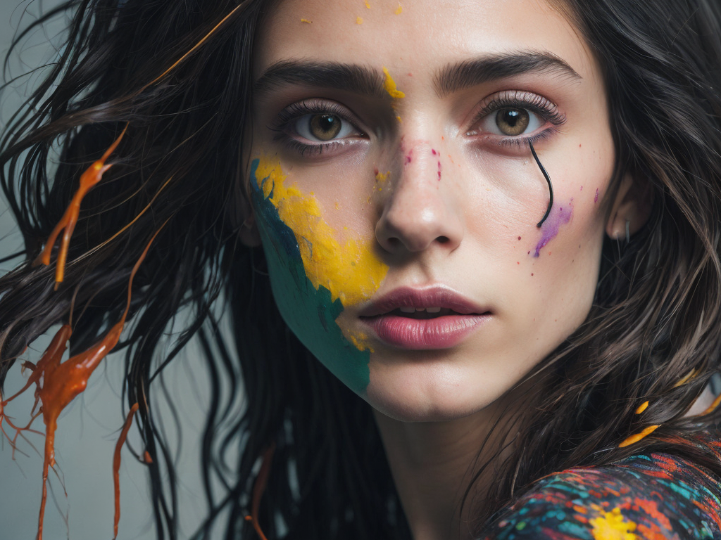 medium shot, (level difference:1.8),(Paint colliding and splashing on the canvas),(depth of field),1girl's side face blends into it,(side face),open mouth,(liquid paint rainbow hair:1.1) made of paint and defies gravity,thick flowing,(paint splatter:1.3),Liquid state,stunningly beautiful, masterpiece, detailed background,ultra high quality model, ethereal background,abstract beauty, explosive volumetric, oil painting,heavy strokes,Romantic lighting,Sub-Surface Scatterring,lens 135mm,f1.8,glow,8k,high resolution, dreamy,ray tracing,hdr,god rays, flat white background