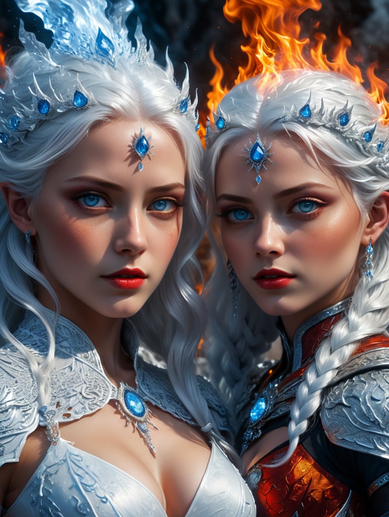 two girls, ice queen with fire queen, ice queen in white blue eyes white hair, fire queen in red black beautiful brown eyes red hair