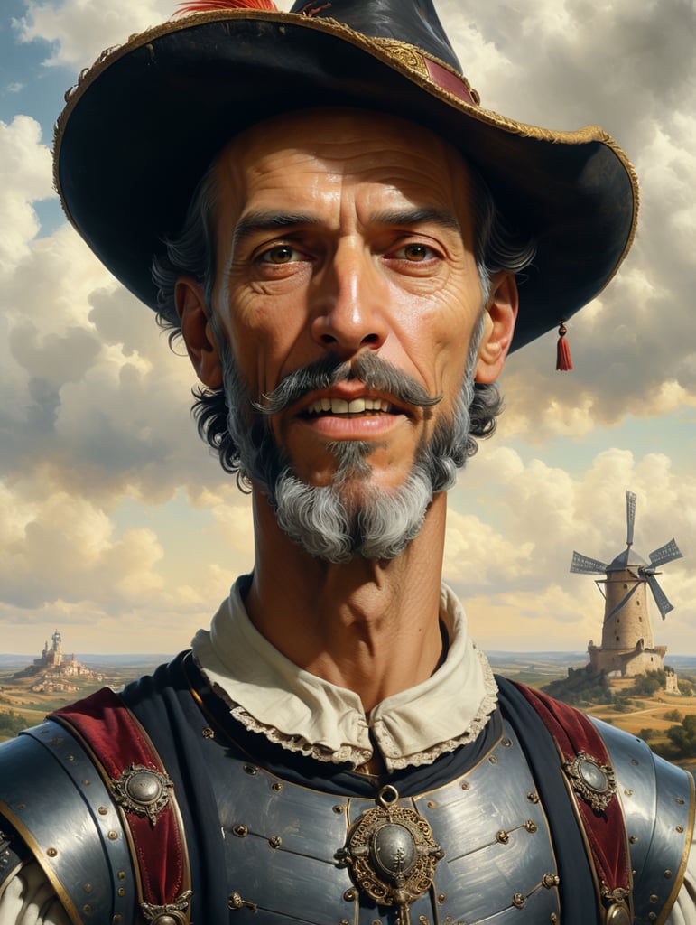 retrato de "el Quijote", con cuello de lechuguilla, y sombrero como la imagen de referencia, un poco borracho, bebiendo vino, con paisaje de fondo de Toledo, molinos blancos típicos de Castilla-La Mancha en el fondo del paisaje, en una atmósfera barroca, en estilo de Velazquez