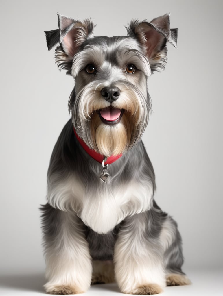 happy Schnauzer, [clean hair cut] competition side photo, [happy Schnauzer, [clean hair cut] competition side photo, standing on all fours, so you can see the clean hair cut, gray color, studio photo, white background, studio lighting, photo realistic. ar 6:4] standing on all fours, so you can see the clean hair cut, gray color, studio photo, white background, studio lighting, photo realistic. ar 6:4