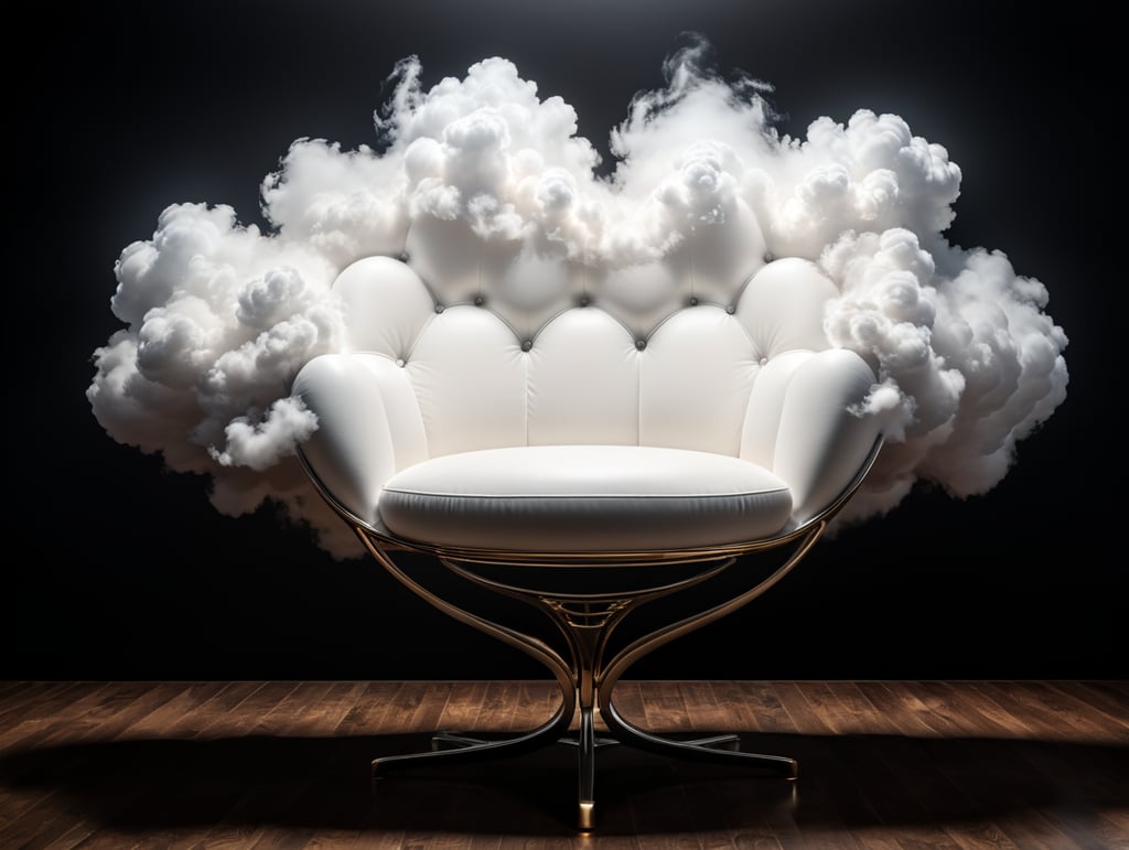 a beautiful modern chair on form of white cloud, studio shot, black background, studio light, hyper realistic, hyper detailed