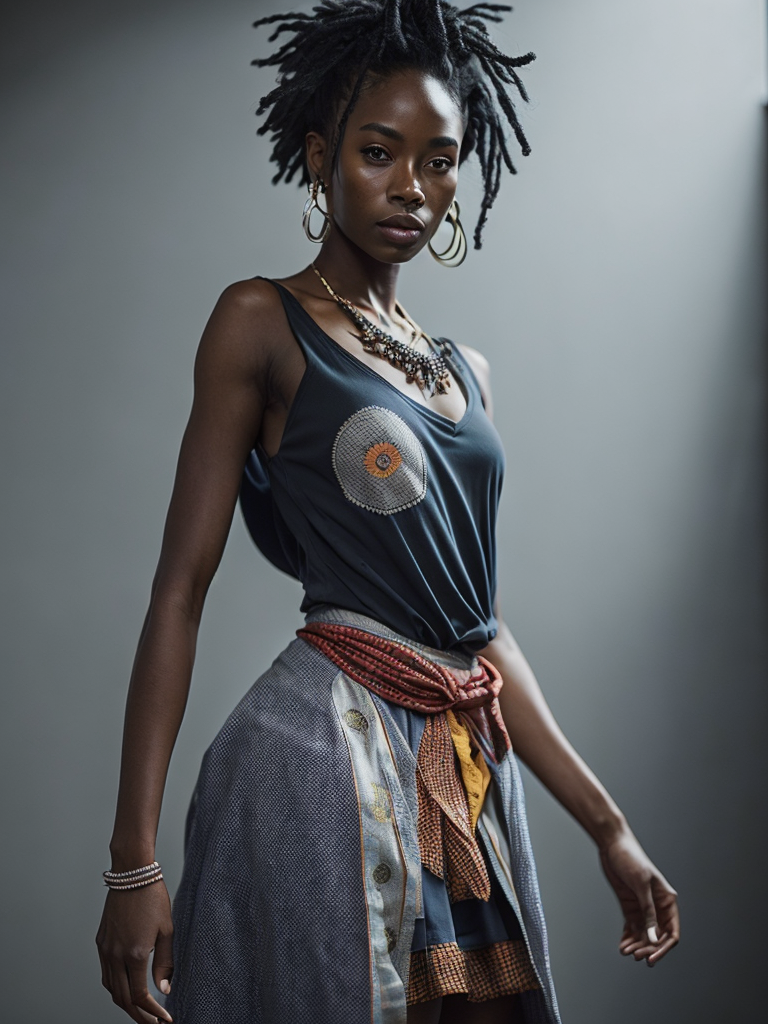 Create a full-body manga drawing of a young African character donning modernized traditional clothing, stretching their arms in a morning routine.