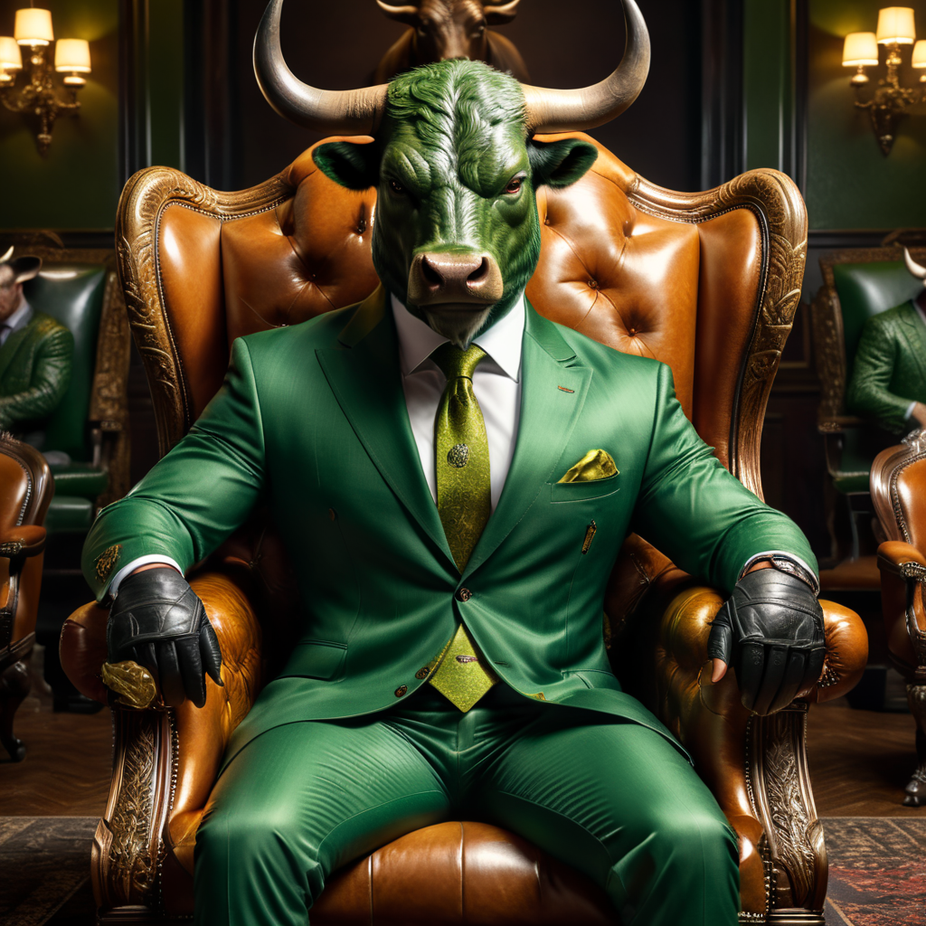 A men wearing green suit and has a bull's head sitting in leather armchairs.