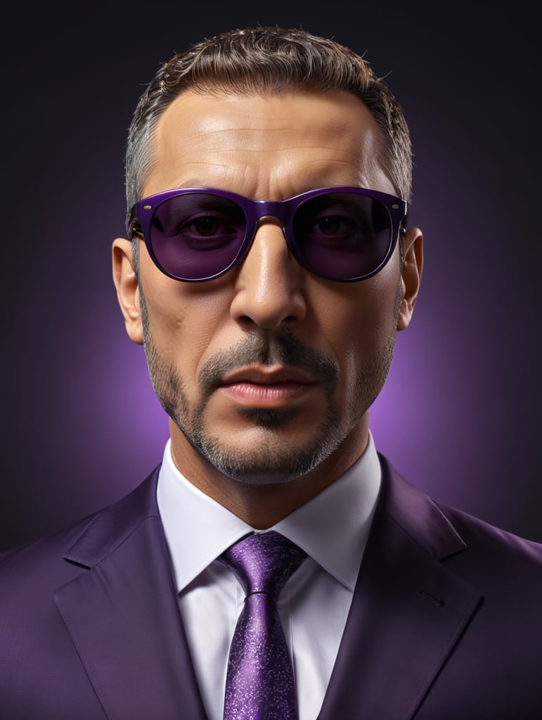 A man in a business suit with a eggplant for a head, dark purple background, sunglasses, isolated