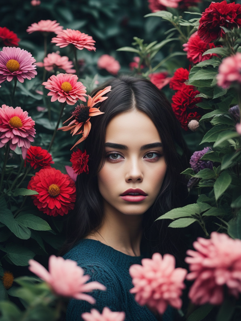 Girl in a blooming garden, fashion editorial, floral edition, millions of colorful flowers, analog fashion portrait