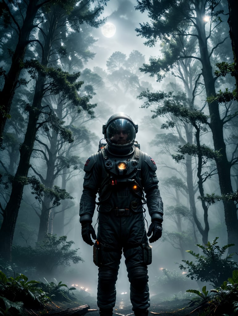astronaut står omringet af træer om natten det er et skarpt lys, der laver en masse skygger i tågen