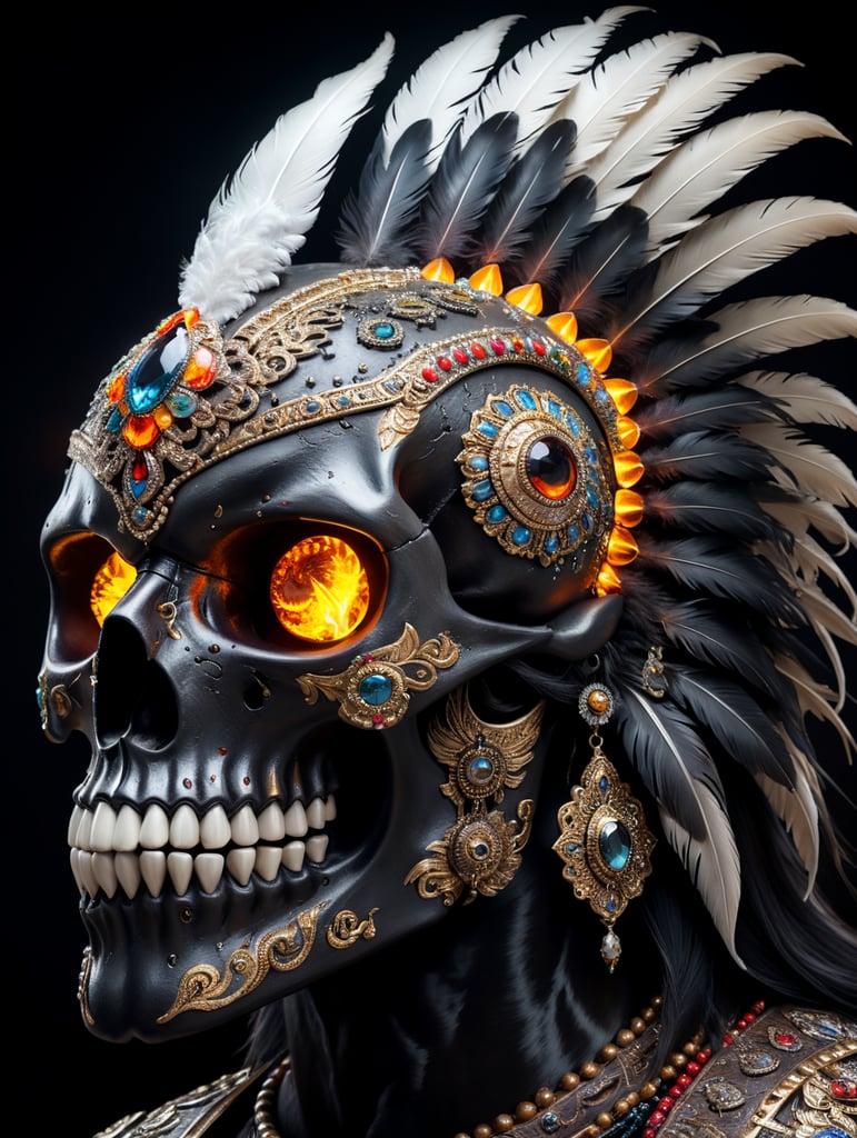 Una calavera azteca con su impresionante penacho de plumas hermosas y pedrería brillante, monta un caballo negro con ojos brillantes como el fuego