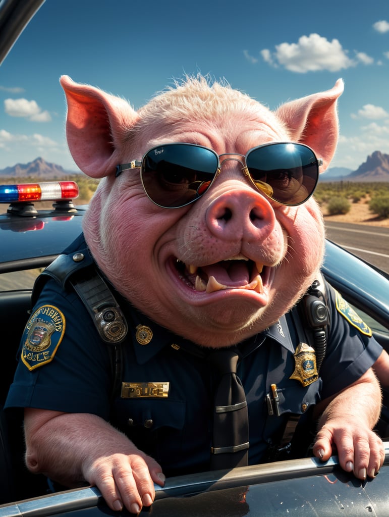 A angry pig police officer, sitting behind the wheel of a police car, close-up shot, sunglasses, clipart, stock photo