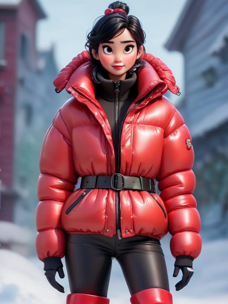 full body girl in a red glossy puffer jacket with bulky belt and massive zipper tab around waist and red glossy down puffer boots