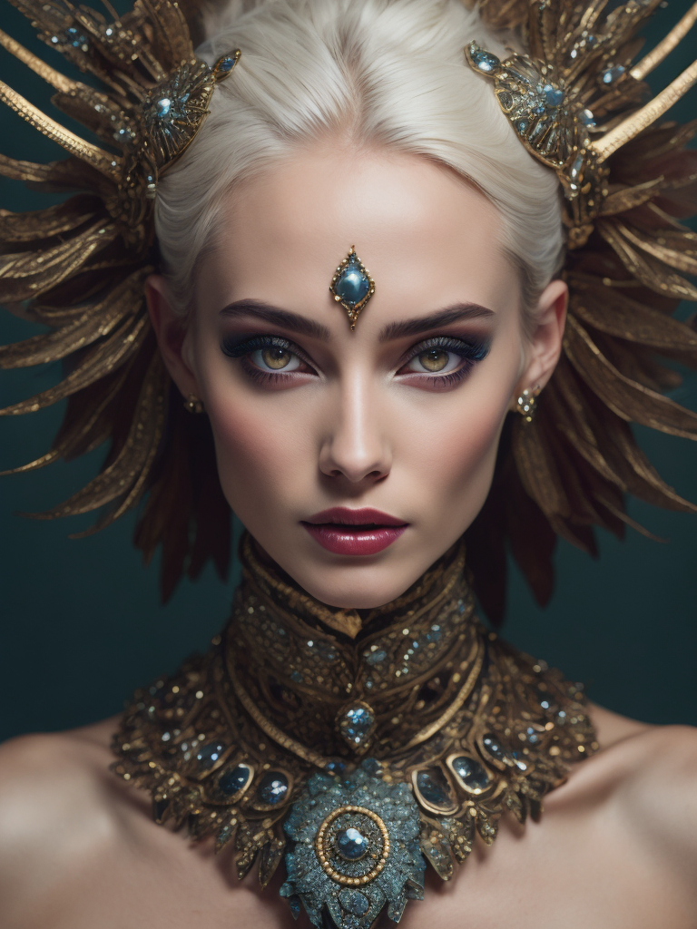 retrofuturistic massive huge jeweled necklace with huge diamonds and jewels on interplanetary interspecies male robot monster, horrific, terrifying, scary, mean. many spirder eyes, huge big jewel encrusted clothing, big pearls, precious gems. The set design is bold geometric patterns photographed by Romina Ressia, film still from wes Anderson, Gucci, Versace, givenchy, medium shot fashion, award winning photography, arty pose, fashion, diaphanous layered ultra haute couture, high definition, high resolution, bold vibrant colors , volumetric lighting, 8k, 3d render