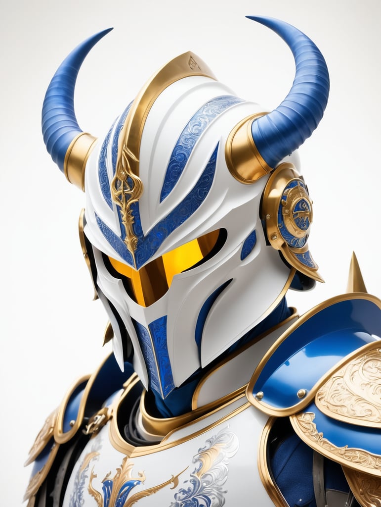 a powerful paladin with engraved blue and gold armor, he wears a helmet with two twisted golden horns, --niji 5, --style expressive, -niji 5, -style expressive