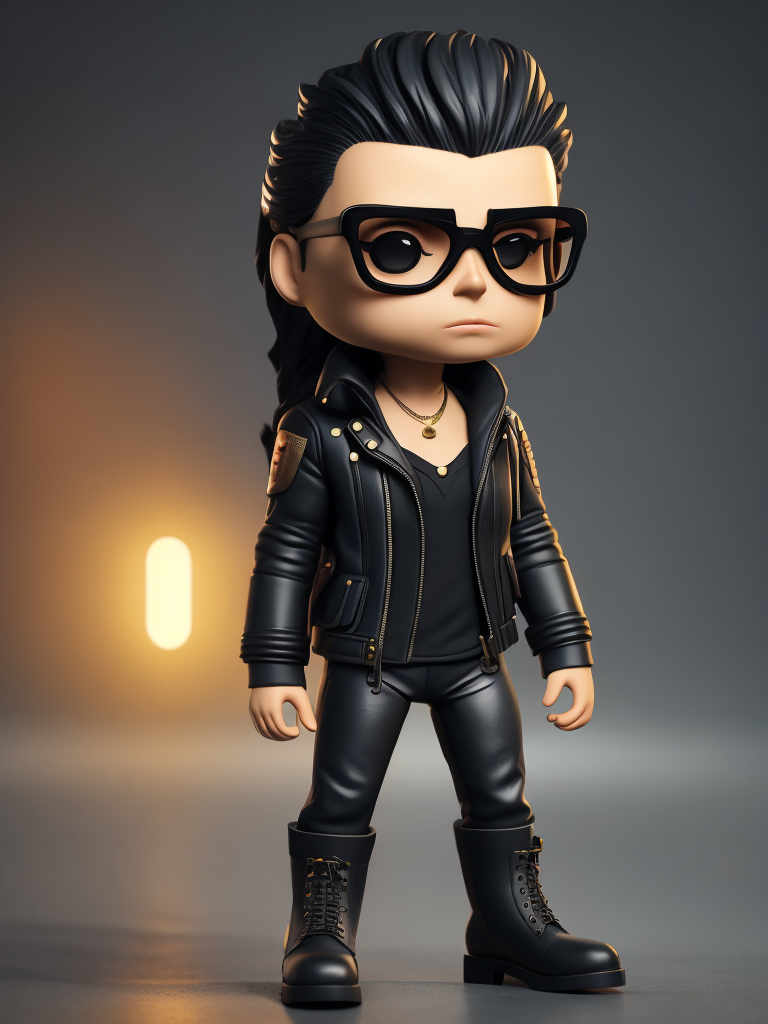 Full body Plastic figurine of a brutal chick, black glasses, leather jacket, black boots, 3d octane render, funko pop,