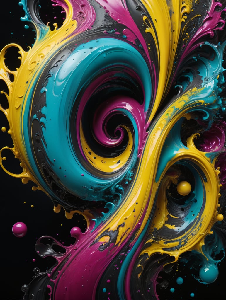 Cyan, magenta, yellow and black ink swirling and glossy