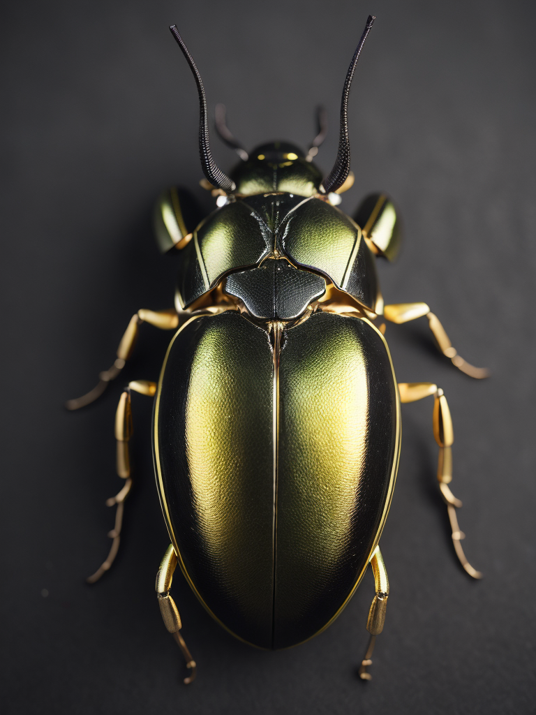 beautiful beetle, metallic, gold and lime green, black background, incredibly detailed, overhead view, vibrant, dramatic lighting