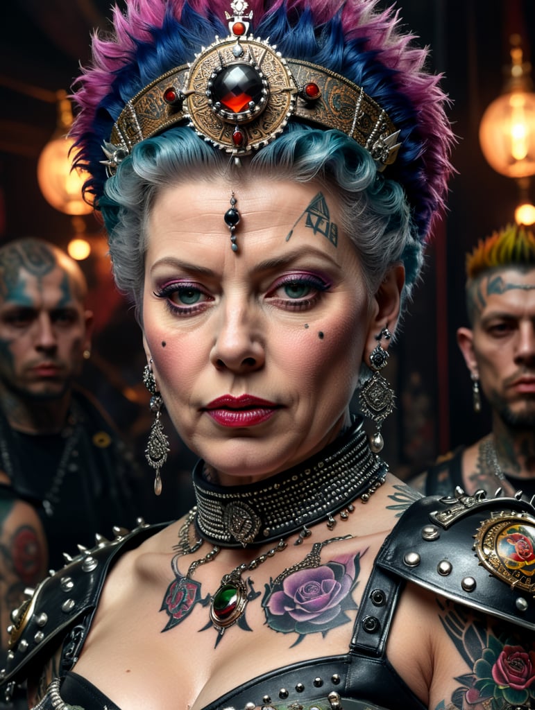 Queen Elizabeth as a punk rocker, full face, tattoos, piercing
