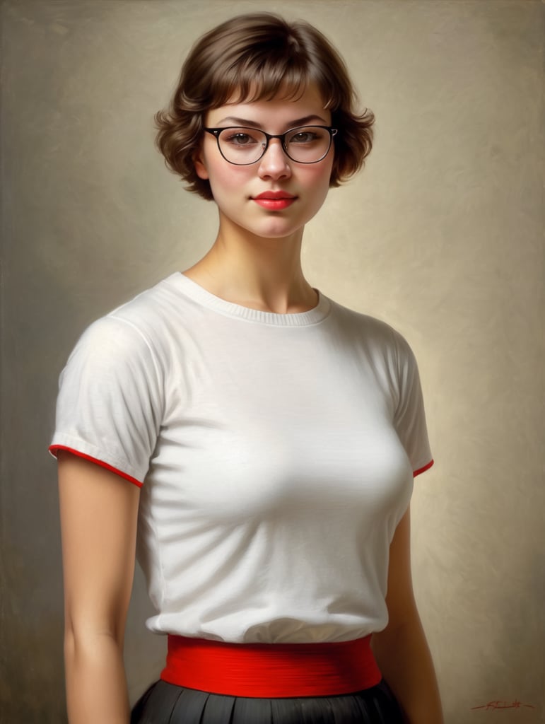 A masterpiece painting by Rembrandt Van Rijn of a beautiful young woman with short hair, sith a beautiful body, pretty beautiful face, wearing glasses, and classical white top with red cover