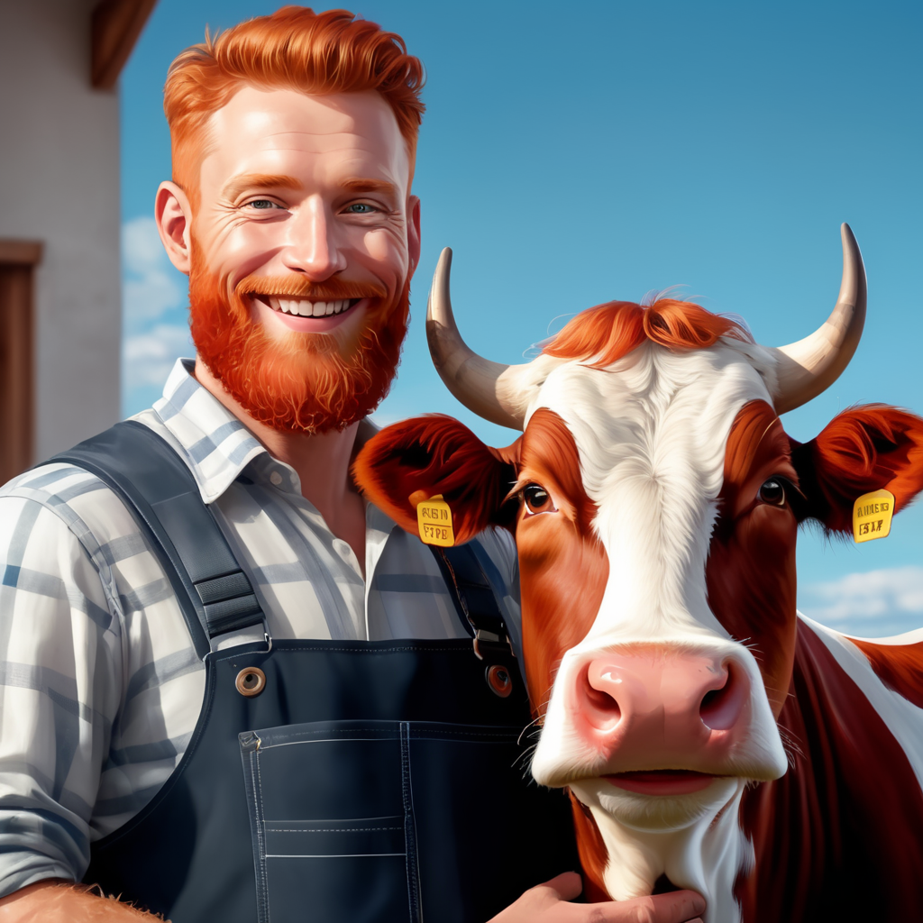 picture for dairy products, a kind farmer man with a beard, red-haired, modern, smiling, next to his beloved cow Burenka, 2025, 2D vector image, --ar 1:1