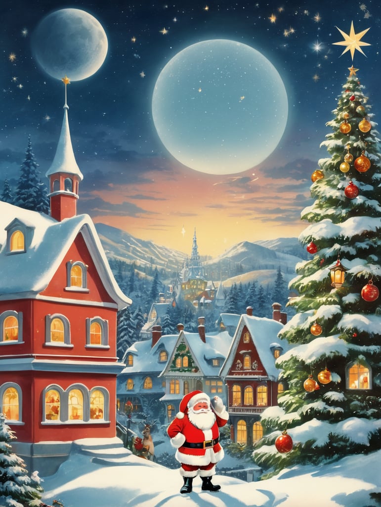 christmas card, santa claus in the foreground, christmas tree, fairytale houses, atmosphere of christmas and joy, sky strewn with stars. the postcard was made in the 60s