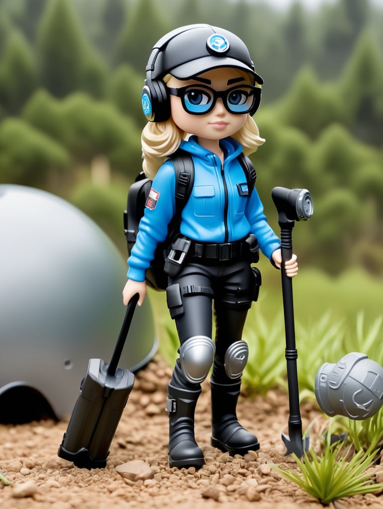 Female funko pop character with short length straight blonde hair wearing black cap and headphones wearing blue spectacles black clothes with grey wellies and knee pads and holding a metal detector and holding a spade with a back pack on and a tool belt around the waste