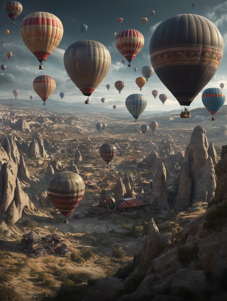 Turkish flying ballons in cappadocian sci-fi