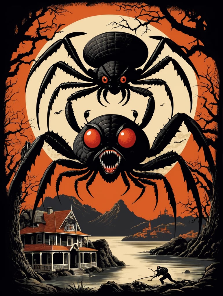 1950's b-movie horror halloween t-shirt print design featuring a giant crab and black widow spider